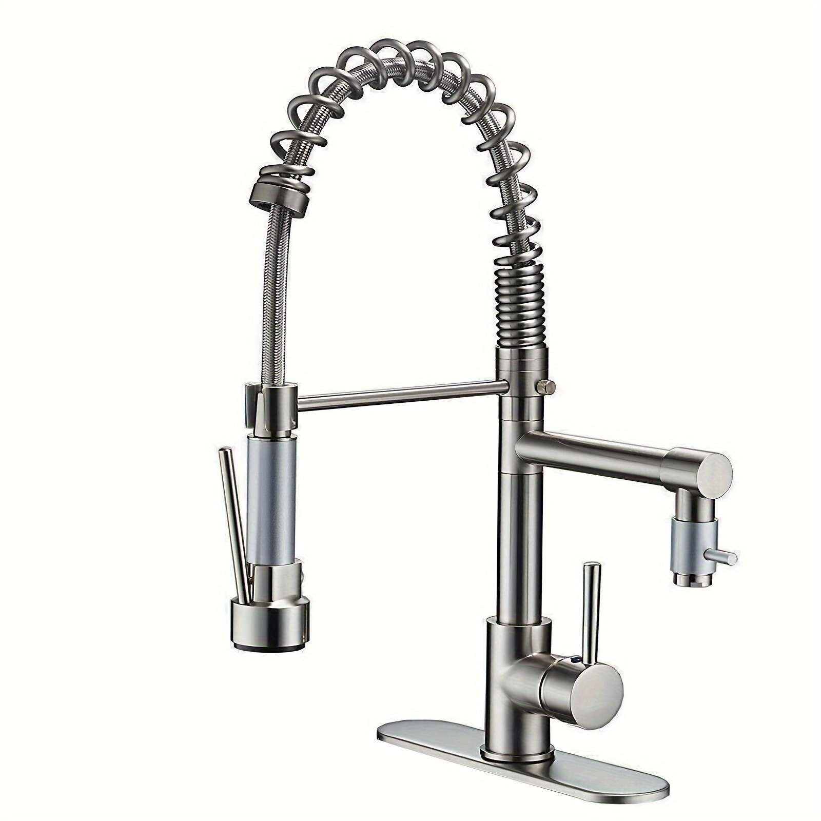 TEMU 1pc Modern High-pressure Kitchen Faucet With Pull-down Sprayer, Single Handle, Brushed Nickel Finish, Stainless Steel Deck Mount, Water-saving,