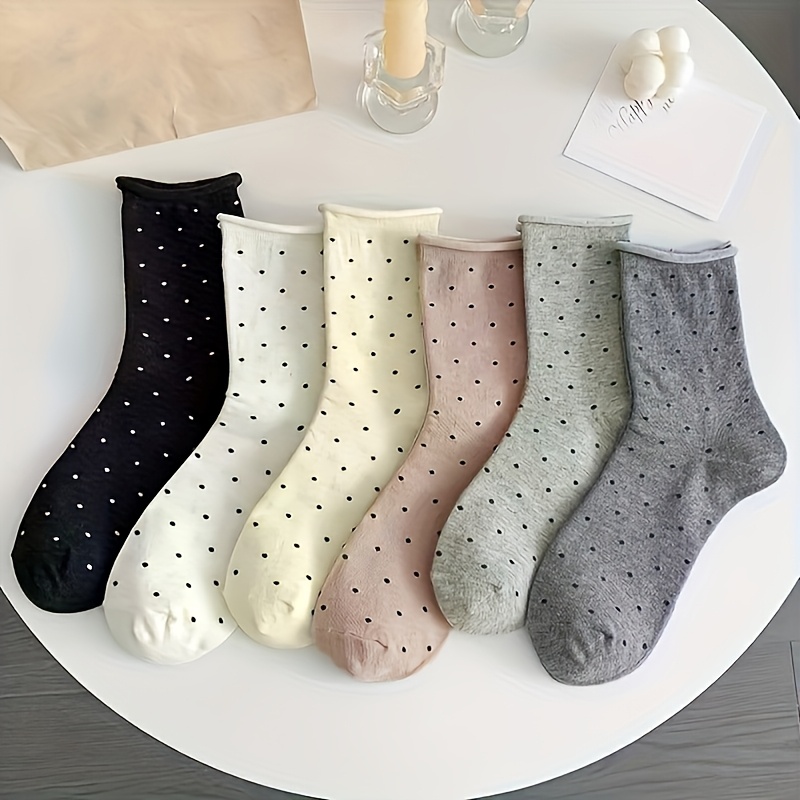 6 Pairs Of Women's Polka Dot Mid-calf Socks, Fashionable And Versatile Long Socks In Cute Solid Colors For Autumn/winter, Suitable For Daily Use