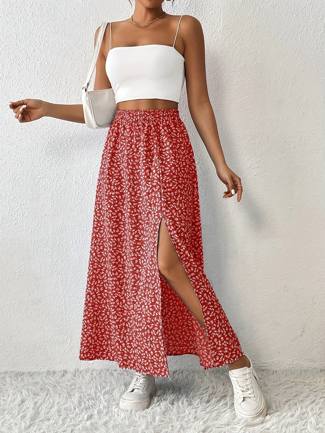 womens floral maxi skirt flowy red floral print like floral pattern long skirt with side slit for casual formal events   summer outfits elegant maxi skirt for women cute skirts formal event attire seasonal fashion side slit design   quality construction fall wardrobe durable material trendy outfits