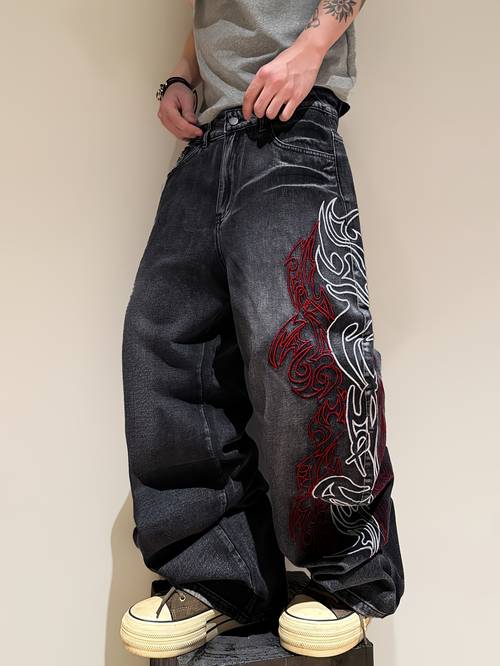 retro dark embroidered wide leg jeans for men pre owned and washed featuring red and white contrast trendy y2k street style for genders adults and teens ideal for commuting and everyday