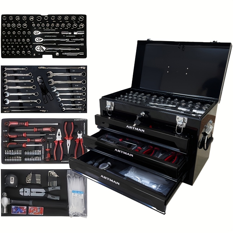 239/439件套机械工具套装，家用工具箱，带3抽重型金属工具箱，便携式