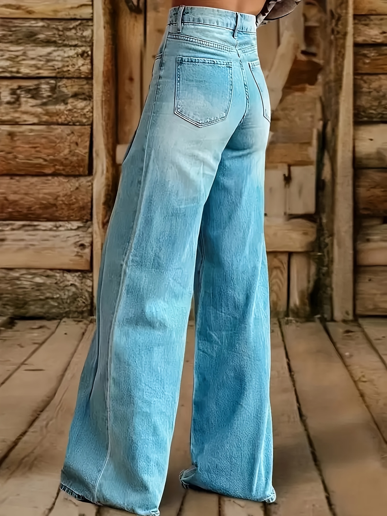 Women'S Plus Size Light Blue Flare Jeans Boho Style Wide Leg Bell Bottom  Denim Pants with Medium Stretch Solid for Casual or Chic Outfit