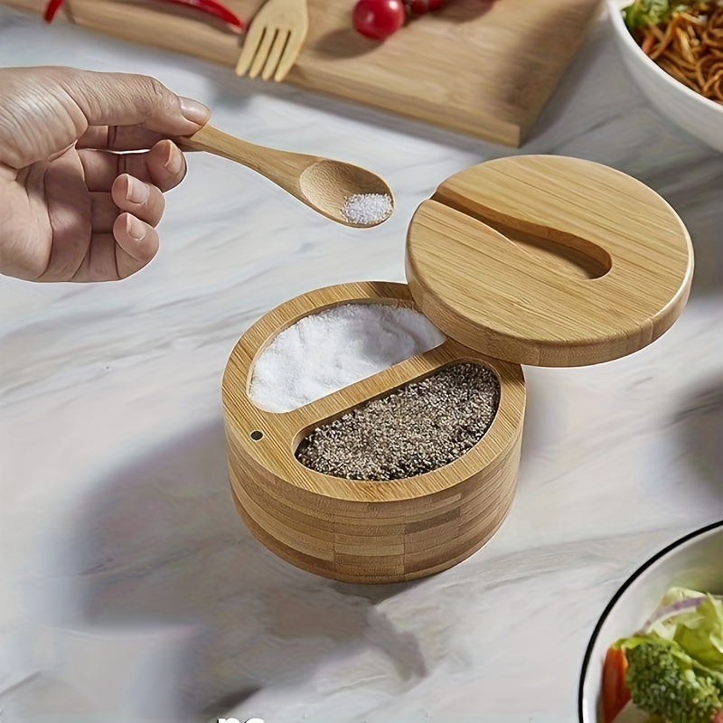 

1pc, And Pepper Bowl With Swivel Lid And Spoon, Divided Seasoning Container With Magnetic Lid For Dry Keeping, Mini Spoon Integrated In Top