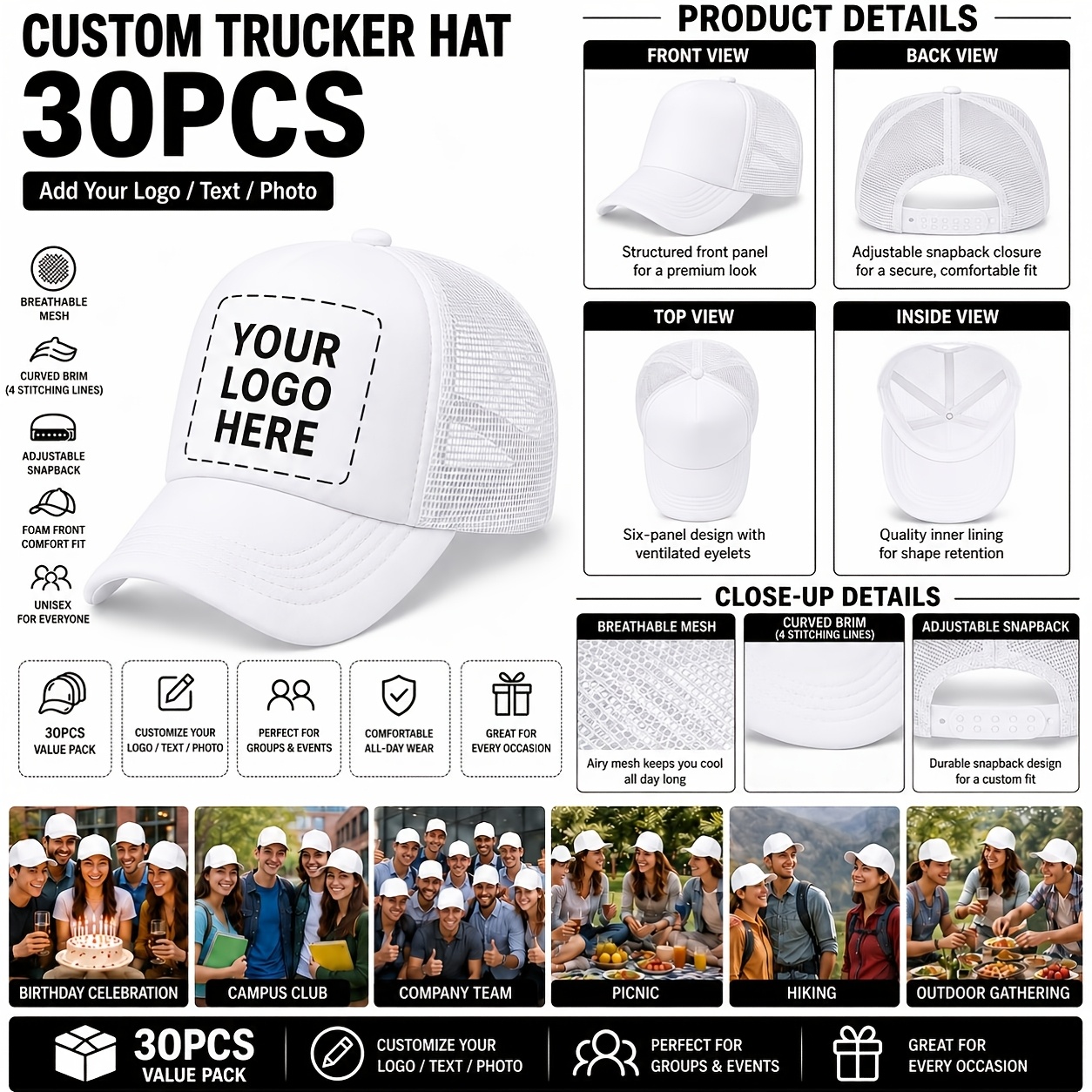 30pcs Customizable Trucker Hats, Breathable Polyester Mesh Caps