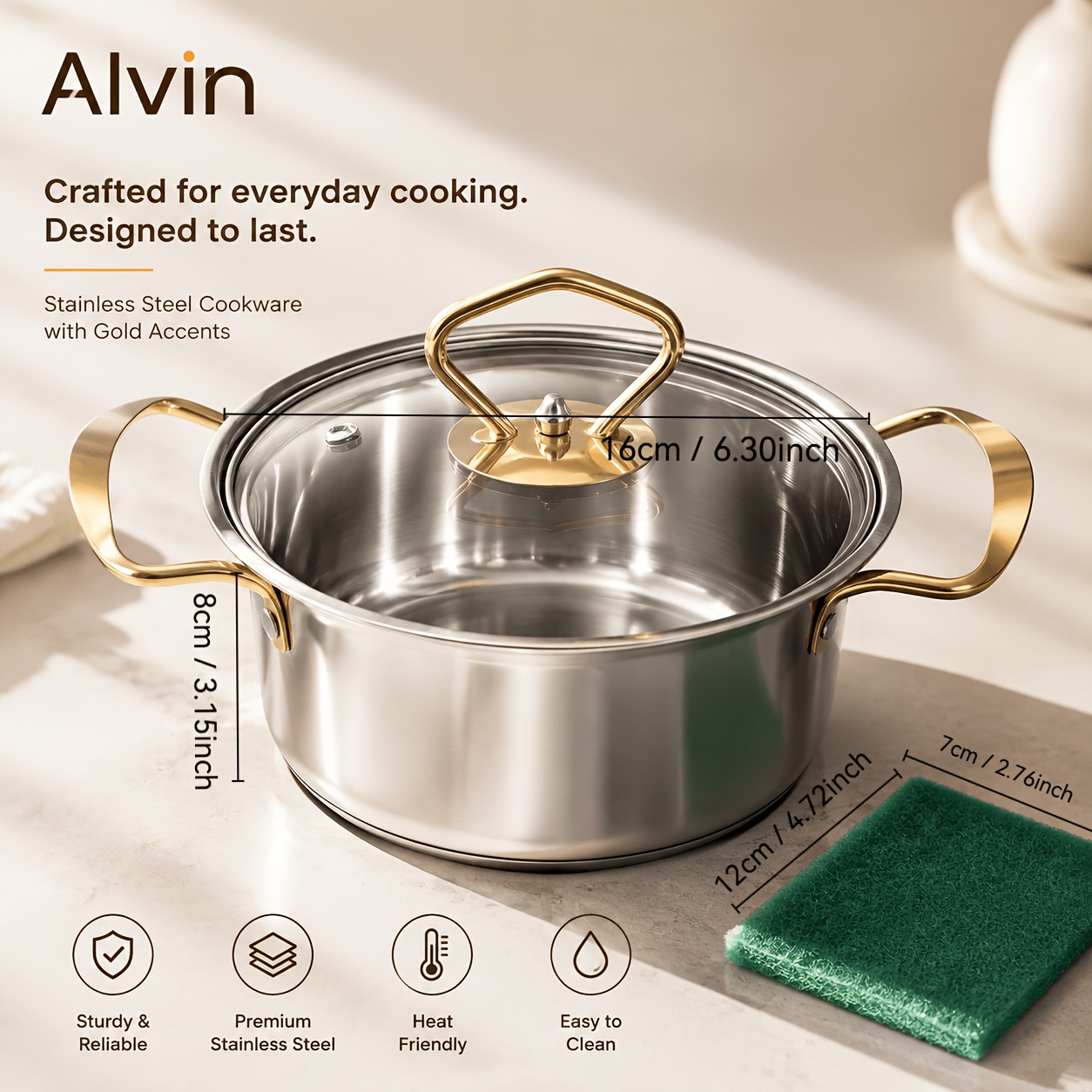 TEMU New 2026 Sandblasted Silvery Stainless Steel Cooking Pot, Includes Cleaning Cloth, Features Golden-threaded Handle And Tempered Glass Lid.