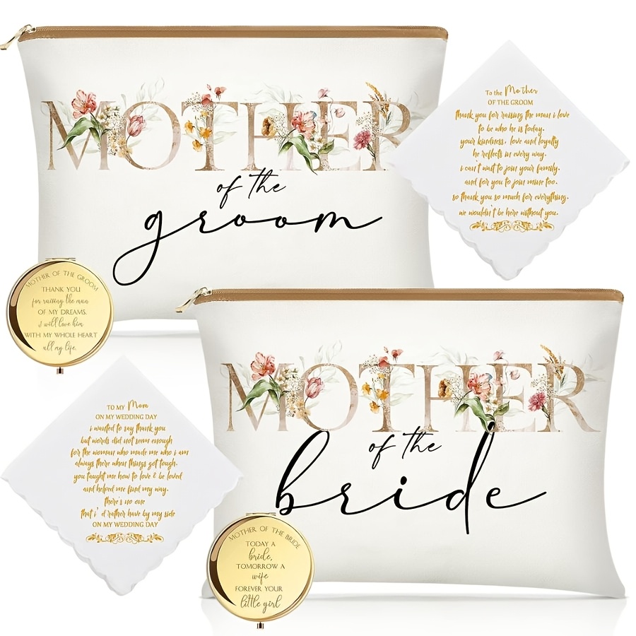 6 Pack Mother Of The Mother Of The Bride Makeup Bag Floral Wedding Cosmetic Bags Mother Of The Bride Handkerchief Makeup Mirror For Wedding Gifts Engagement Favors