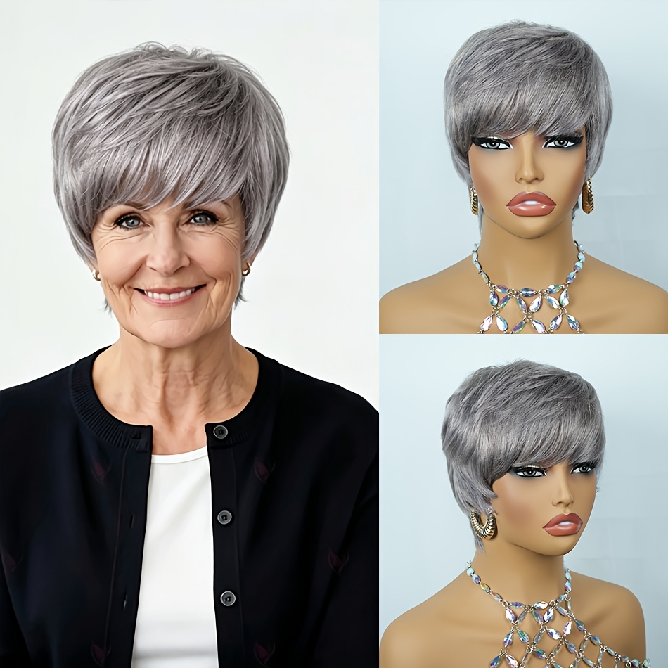 Elegant Grey Cut Human Hair Wigs With Bangs Straight Haircut Wigs For Women Layered Straight Hairstyle Grey Color Comfortable Net Cap Full Machine Made Wigs Perfect For Daily Wear And Party