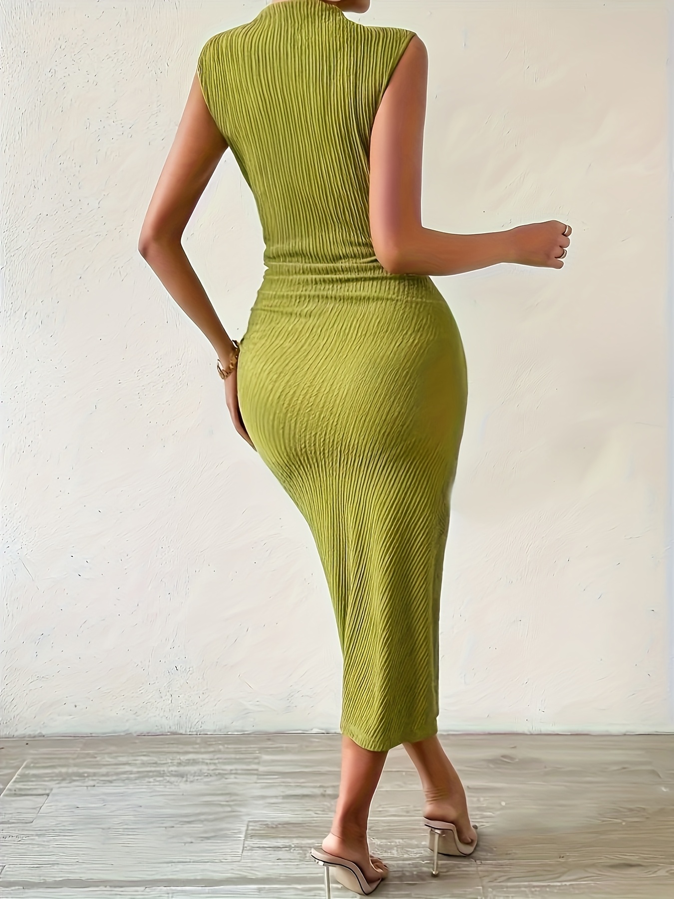 womens olive green ribbed bodycon midi dress high neck side - Temu Mauritius