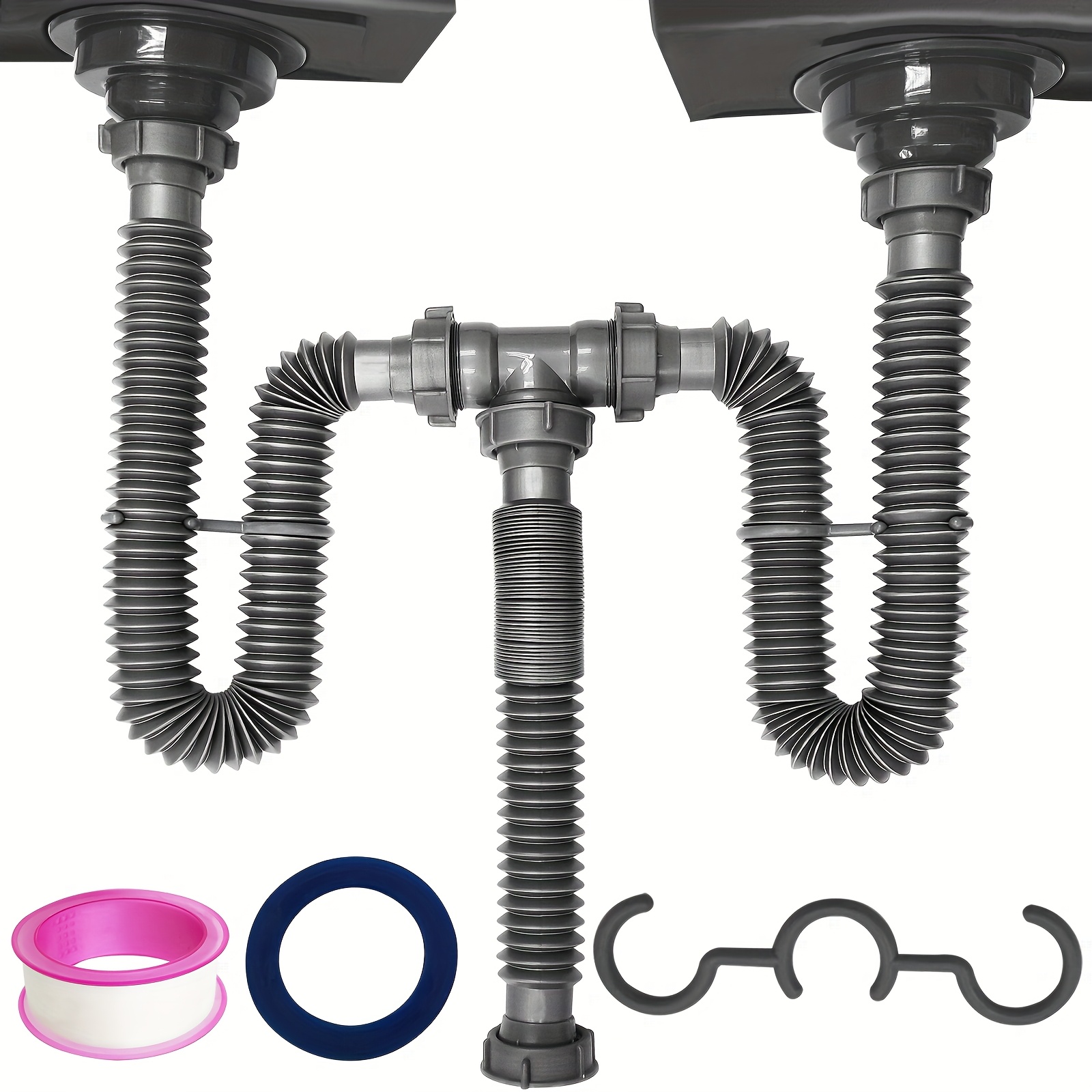 

Versatile Double Sink Drain P-trap Kit - Expandable & Flexible, Fits 1/2" Or 1 1/4" Drains, With Connectors & Adapters, Easy Adjustment For Kitchen & Bathroom Use, Bathroom Sink Drain