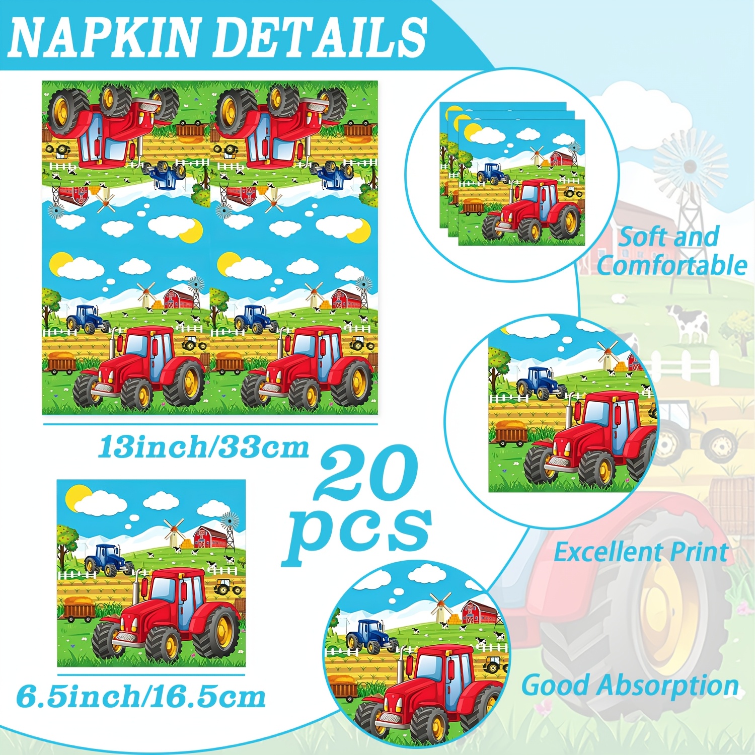Image of Farm Tractor Themed Party Napkin Dinner Napkin Lunch Napkin Suitable For Gatherings Birthday Parties Table Decoration For Halloween、christmas