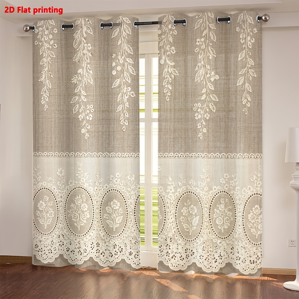 Image of 2d Flat - 2d Flat 2pcs Curtains, Delicate Floral Pattern, Vintage Lace Trim, Light Filtering, Living Room, Bedroom, Home Decor