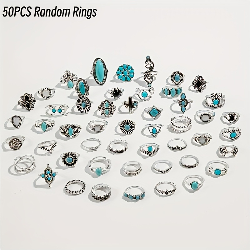 TEMU 48/50pcs Pattern Style Random Rings, Synthetic Turquoise Inlaid Bohemian Style Women's Ring Set, Vintage Inspired, Floral, Owl, Teardrop, Crown,
