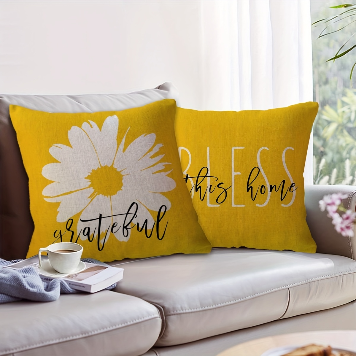 pack rustic country style yellow daisy linen throw pillow Temu