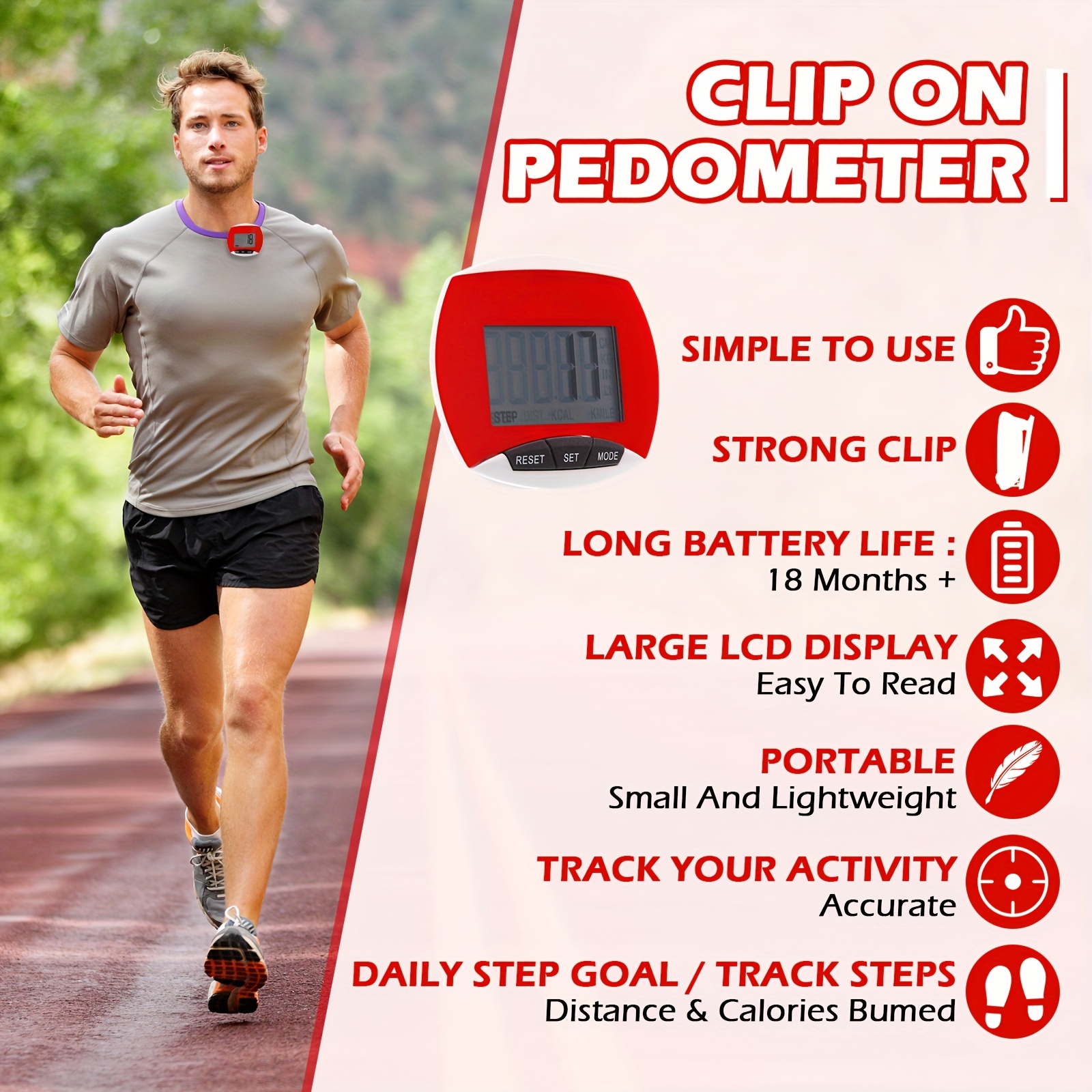portable clip on pedometer step counter distance   with reset mode buttons battery powered for seniors women s jogging running walking fitness training health monitoring jogging accessory simple display durable construction