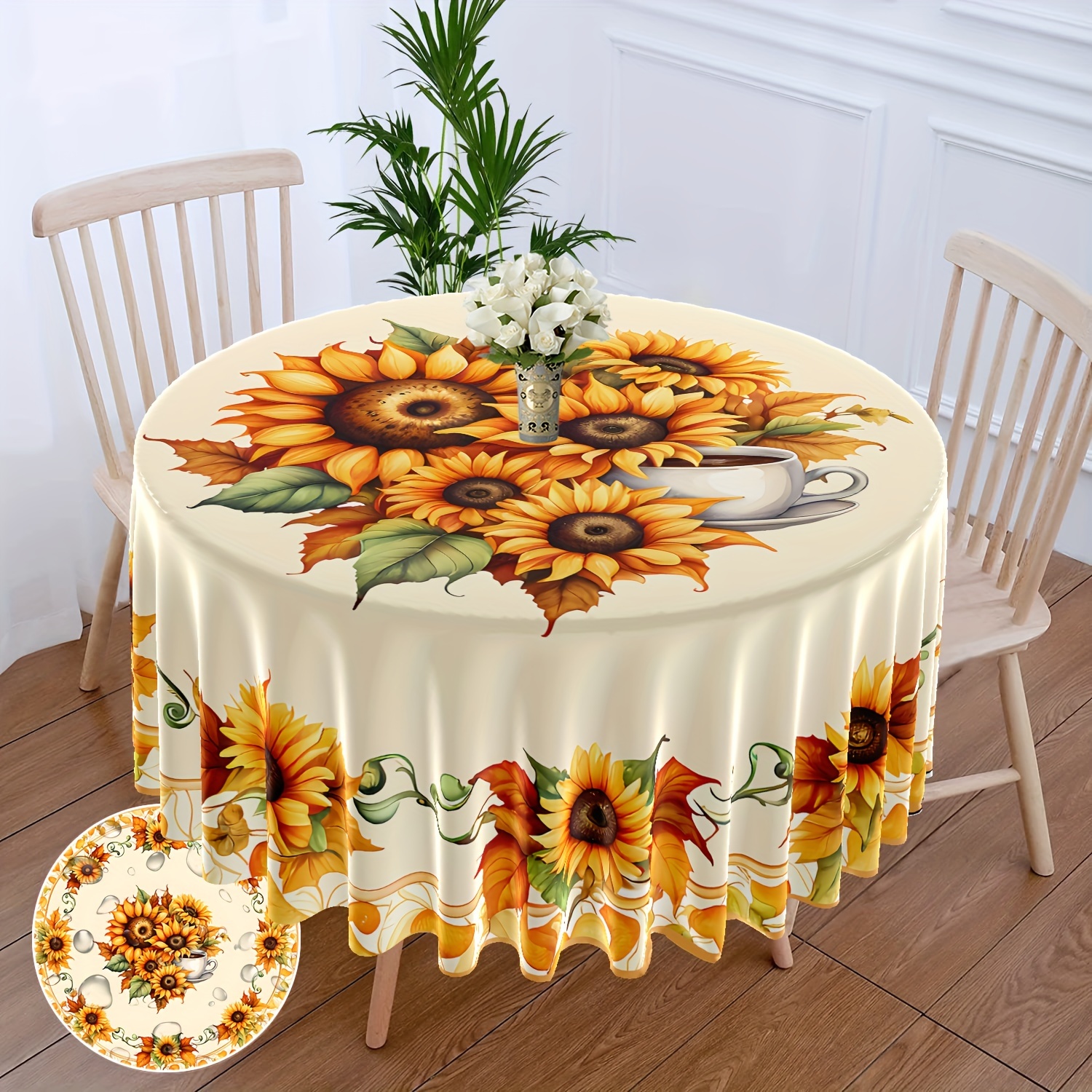 

Sunflower Round Tablecloth With Coffee Cup Design - 63 Inch Waterproof Polyester Floral Table Cover For Patio Dining And Outdoor Picnics - Machine-woven Vintage-style Table Linen For 4-6 Seats