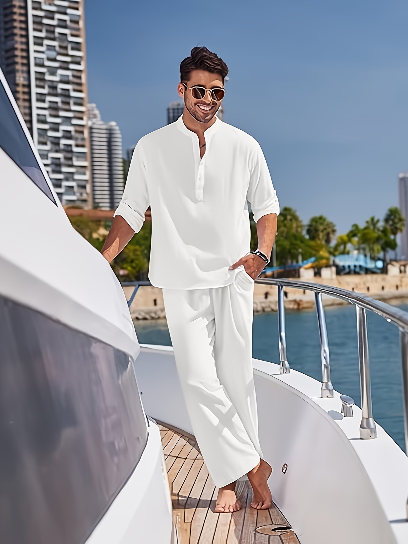 Men'S 2pcs Cotton Sweatsuit Set Casual Henley Long Sleeve Shirt and Beach Trousers with Pockets Yoga Outfit Solid Color Non-Stretch Woven Fabric Spring/Fall Button Details Regular Fit
