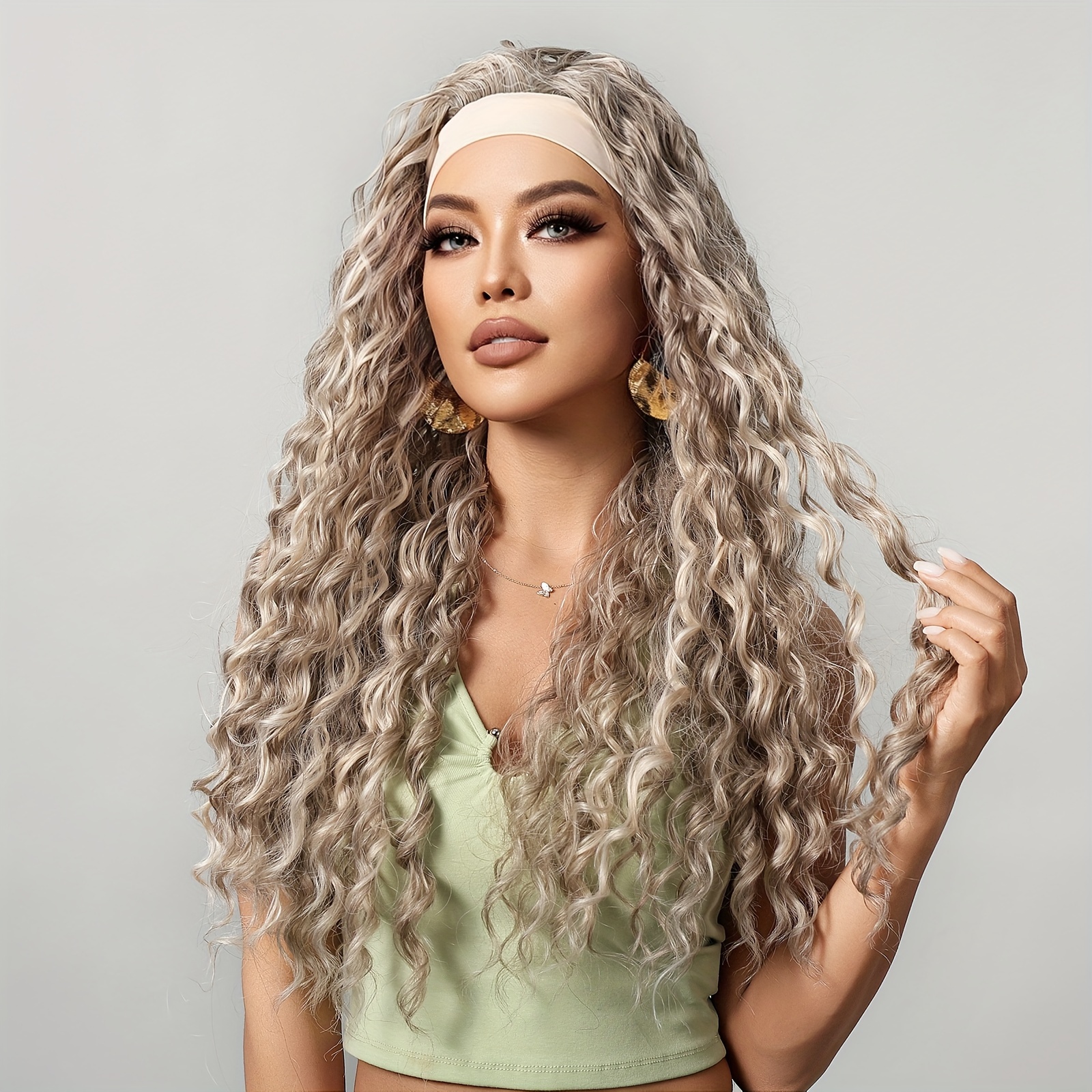 

Chic Grey-golden Headband Wig For Women - 100% Density, Natural Synthetic Hair With Cap, Long Hair