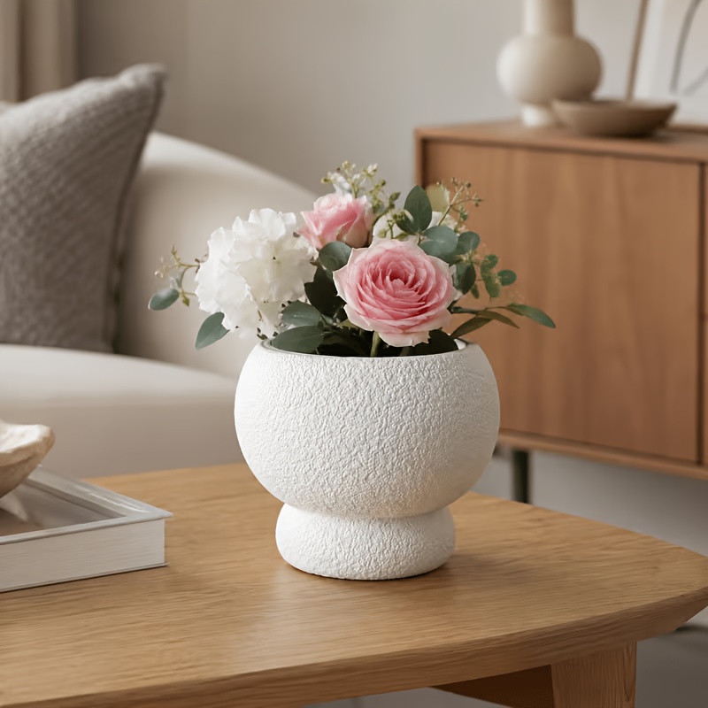 TEMU 1pc White Round High-heeled Flower Pot, Double Ball Base Vase, Matte Planter, Nordic Style Desktop Fresh Dried Flower Storage Container, Indoor