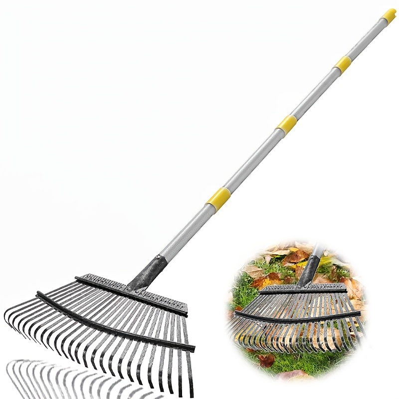 Image of 1pc Garden Leaf Rake, 73.6-inch Heavy-duty Lawn Rake With 25 Metal , 18-inch Wide Adjustable Steel Handle, Ideal For Leaves, Shrubs, Grass, And Flower Beds