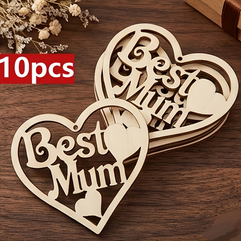 10pcs Unfinished Wooden Heart-shaped "" Decorations - Mother's Day Gift, Hollow With Floral Patterns, Lightweight And Elegant, Perfect For Home Decoration, Craft Projects