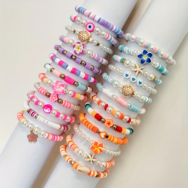 24/48pcs Boho Chic Polymer Clay Beaded Stretch Bracelets Y2K Aesthetic  Multicolor Heishi Charm Jewelry with Floral Heart Charms, Soft Cl