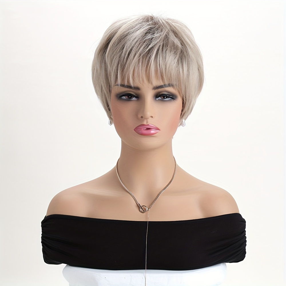 E-shop 10-Zoll Kurze Lockige Blonde Mischhaar-Perücke mit Pony, , elegant natürlich aussehendes, hitzebeständiges Synthetikfasermaterial für Damen,