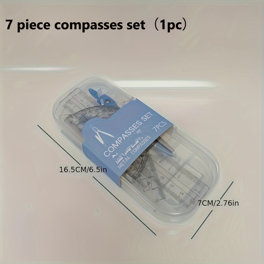 TEMU 7pcs Durable Metal Compass Set - Exam-grade Compasses With Colored Pencils, Ruler, Protractor, And Sharpener - Essential Drawing Tools For