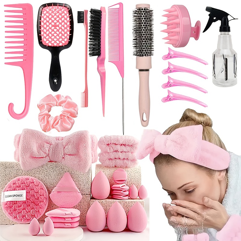 Image of 33pcs/professional Makeup Tool Set Hair Styling Tool Kit Sponge Puff Headband Massage Brush Spray Bottle Travel Portable Gift For Women Mother's Day Birthday Wedding Makeup Bag Essential