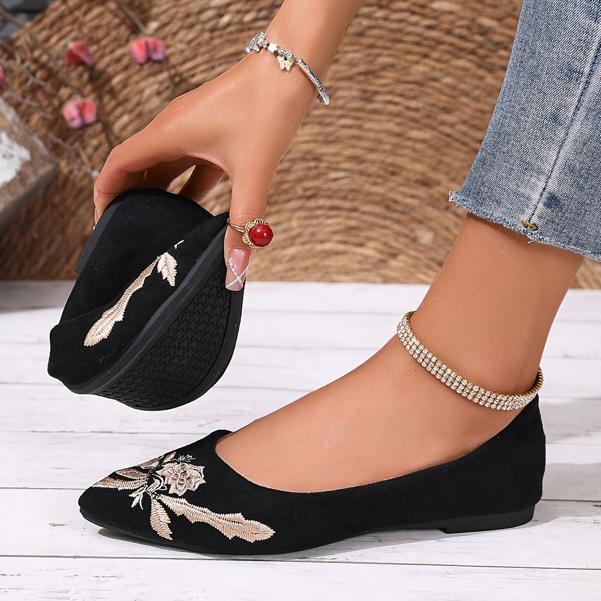 womens summer slip pointed toe floral embroidery flat shoes Temu