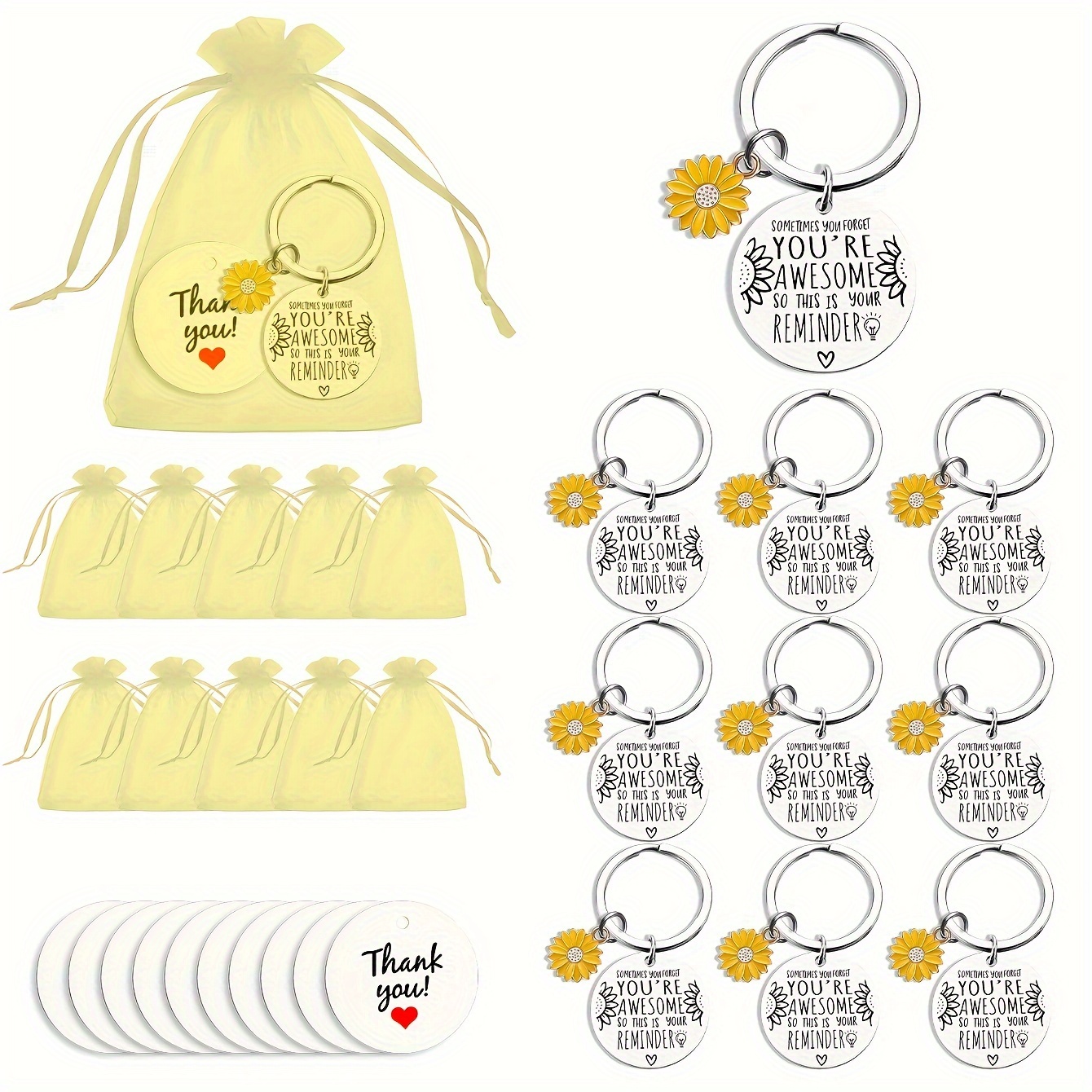 

30-pack You're Awesome Sunflower Keychains With Thank You Gift Bags - Encouragement Fashion Stainless Rings , Colleagues, Teachers - Ideal For Birthdays, Graduations, Christmas Gifts