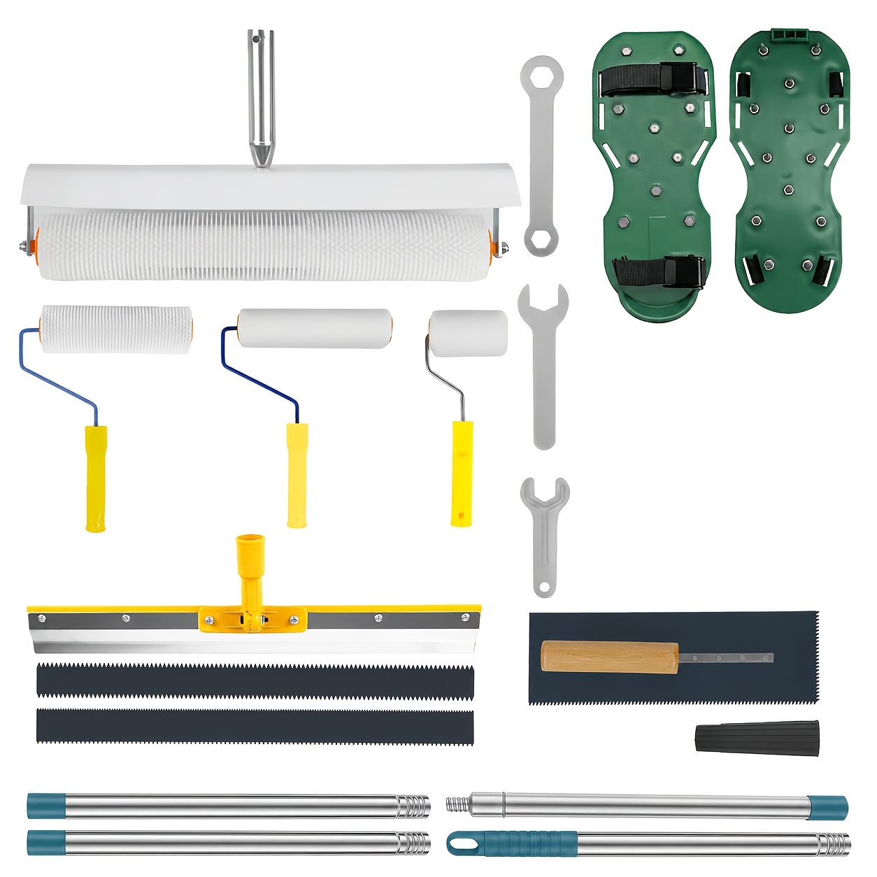 Floor Tools Kit - 18.1" Spike Roller + 22" Notched Squeegee + 4-section Extension Pole + 9"/4" Paint Rollers + Spiked Shoes & Gloves, Complete Set For Epoxy Resin & Cement Floor Construction