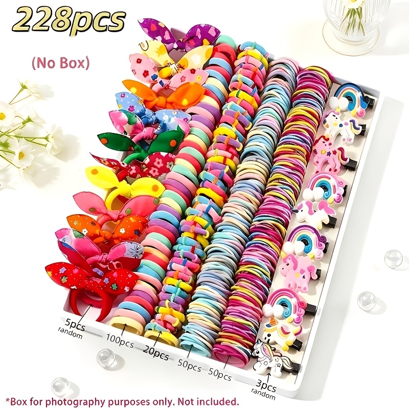 TEMU A 228pcs Set Of Cute Multicolor Cartoon Hair Accessories ( Included), Colors Are Random. Contains Cartoon Hair Clips, Various Hair Ties, Elastic