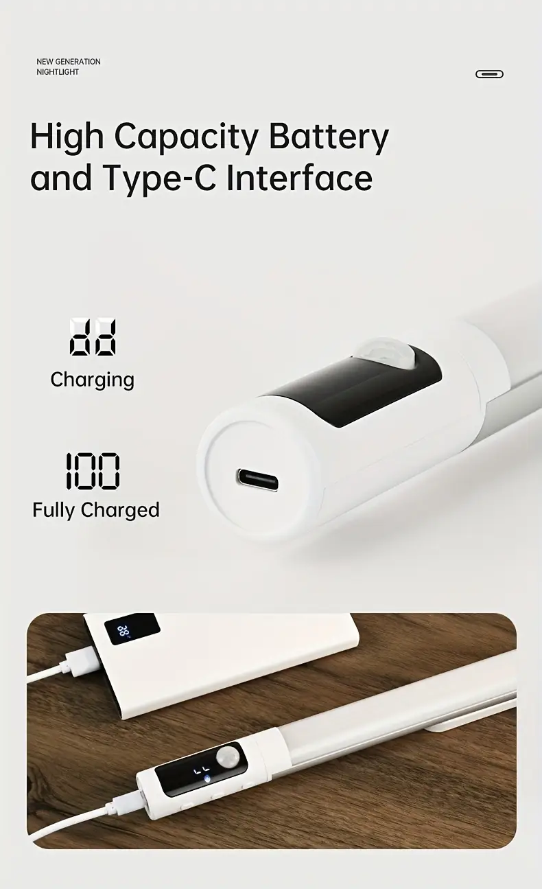1pc modern motion sensor led light rechargeable under cabinet light with battery level display wireless magnetic freestanding wall mount for kitchen bedroom office plastic shade metal usb cable included 1200mah lithium battery infrared sensor function details 7