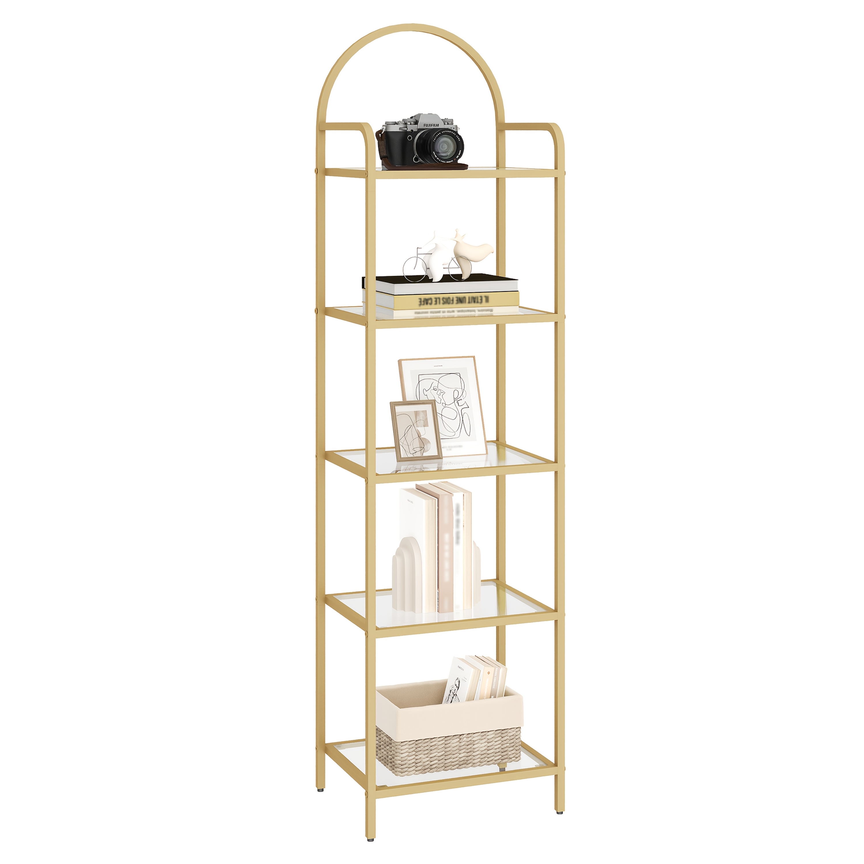 E-shop Regal, Bücherregal aus gehärtetem Glas, schlankes Regal für Schlafzimmer, Badezimmer, Home Office, Stahlrahmen, mit 5 Regalböden Golden