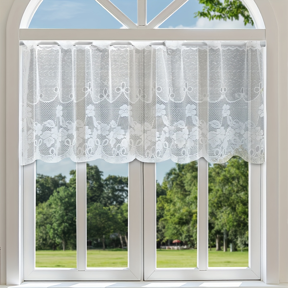 1pc White Lace Trim Rod Pocket Short Curtain, Suitable For Beautifying Windows In Kitchen And Living Room