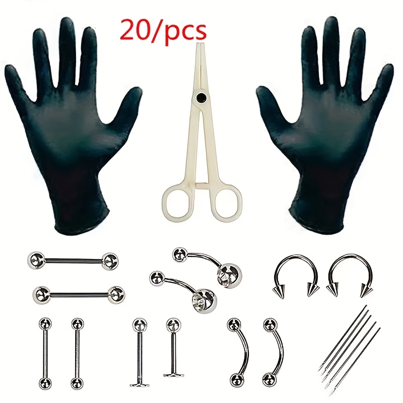 TEMU 20pcs Piercing Kit - Nose Septum Ear Cartilage Lip Belly Tragus Eyebrow - Surgical Steel 14g 16g Ring Barbell Spike - Tools Needles Gloves Clamps