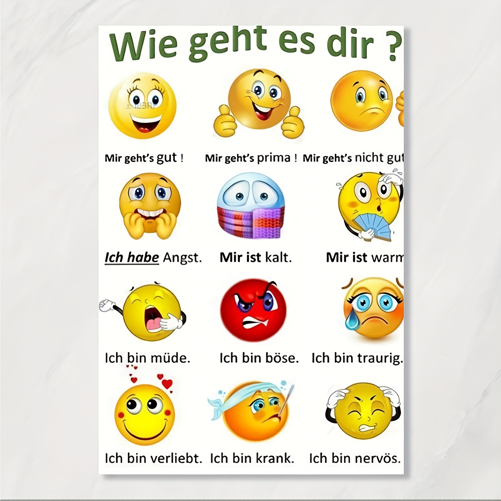 TEMU 2D Flach, 2D Flach, Ein großes deutsches Emotions-Charts Poster - Zweisprachiges Englisch/Deutsch Stimmungswörterbuch mit farbcodierten Phrasen,