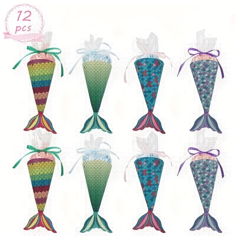 Image of 12pcs Mermaid Themed Party Favor Bags With Stickers - Paper Goodie & Gift Bags For Birthdays, Weddings, And More