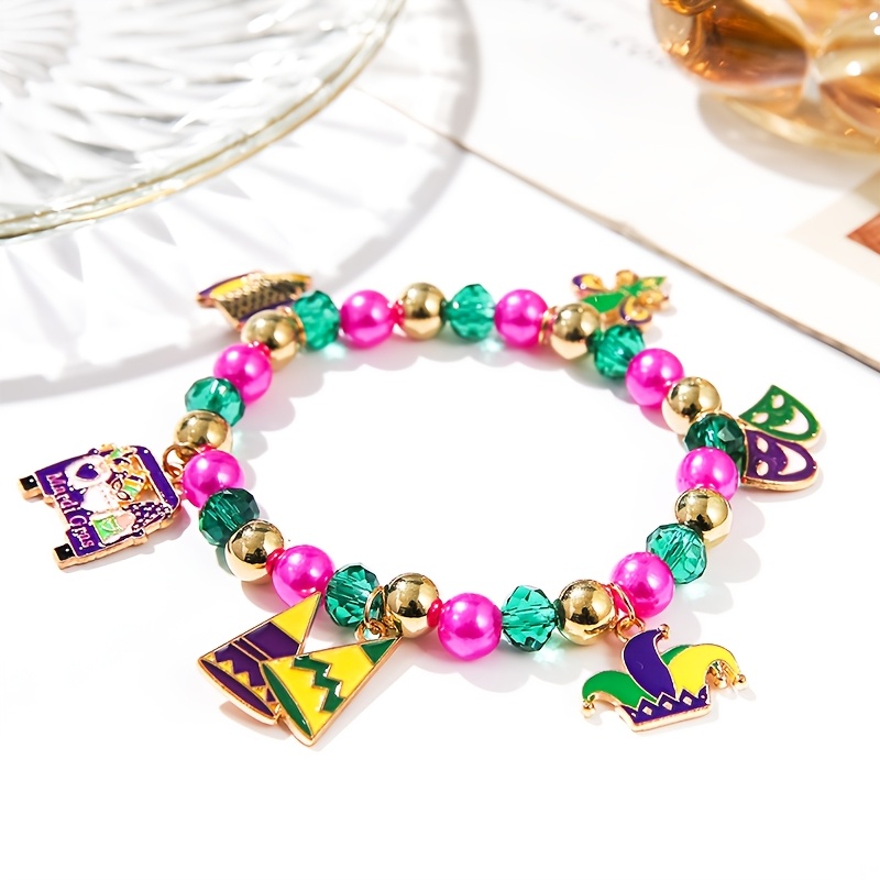 

1pc Elegant Acrylic Beaded Bracelet With Mardi Gras Hat & Mask Pendants, Unisex Fashion Accessory For Party & Festival Celebration, Purple Colors, Gift, Carnival/mardi Gras/masquerade