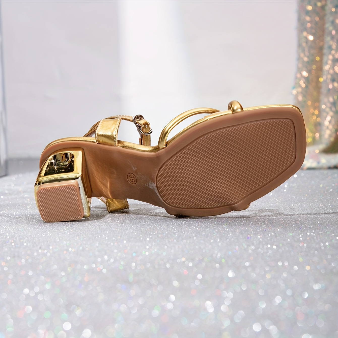 womens elegant golden metallic block heel sandals square toe - Temu Brazil