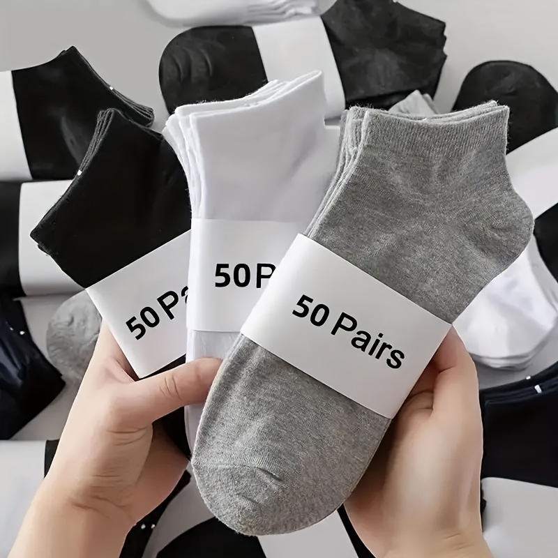 

50 Pairs Unisex Breathable Polyester Ankle Socks, Comfortable Odor-resistant Sports Socks, Moisture-wicking Solid Color Low-cut Short Socks For Summer Wear