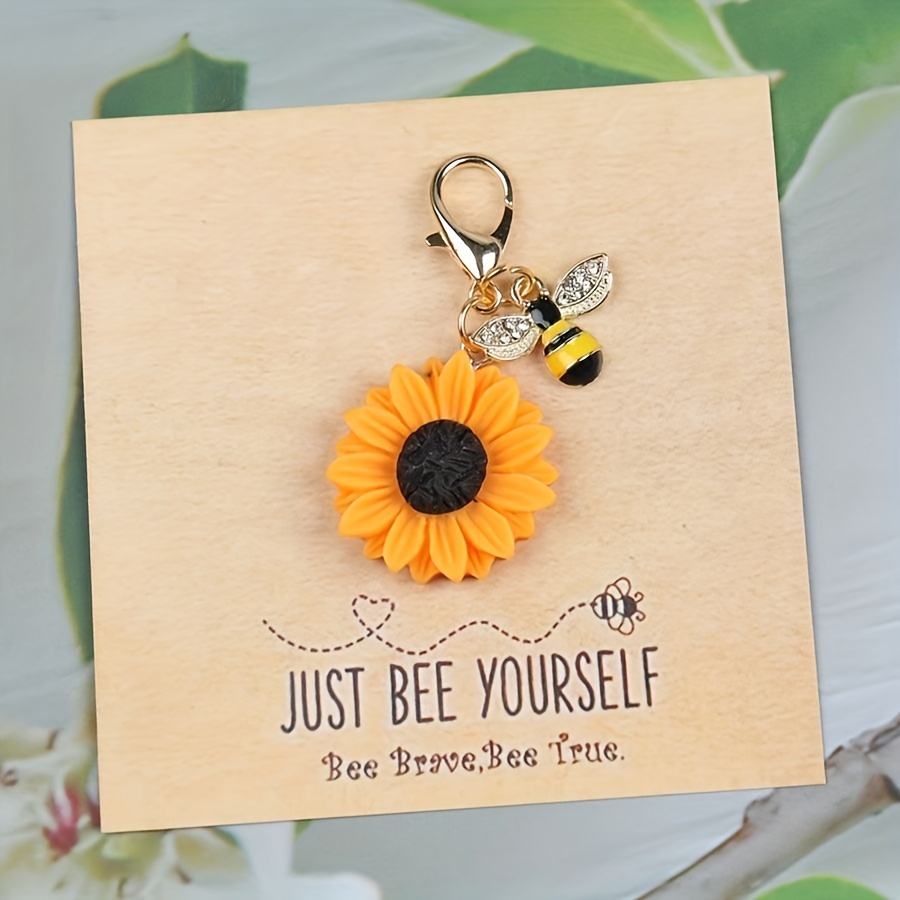 

Inspirational Bee & Sunflower Keychain With Encouragement Card - Perfect Gift, Cute Room Decor, Holiday Present