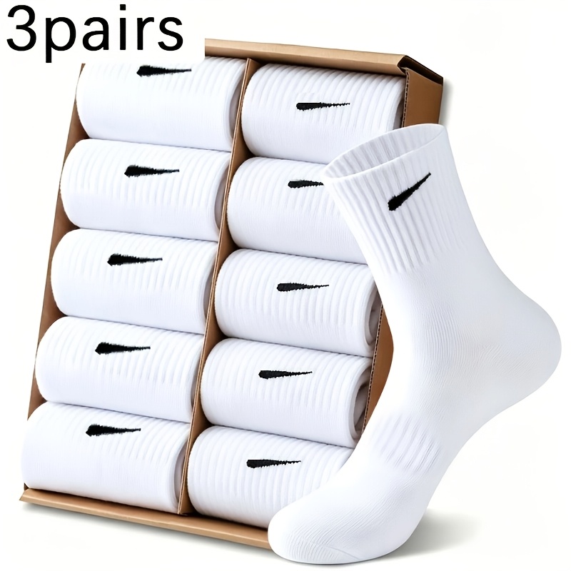 TEMU 3 Pairs Couple Style Mid-calf Socks, Ribbed Elastic Breathable Sweat-absorbing Black White Solid Color Socks For Men And Women, Daily Commute