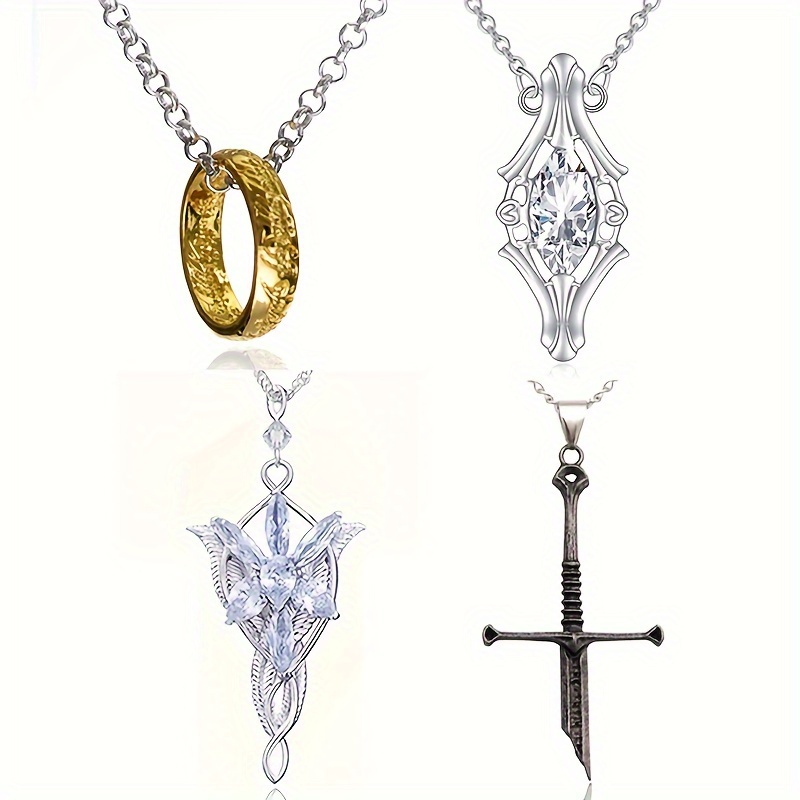 

4pcs Movie Themed Jewelry Set - Ring Of Power/ Sword//princess Fairy Pendant Necklaces, Unisex, Vintage & Elegant Style, Synthetic Cubic Zirconia, Alloy, Role Play & Fan Gifts, Wear