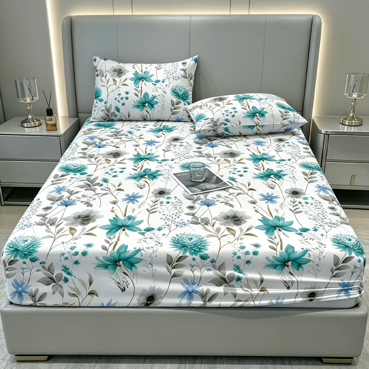 TEMU 3pcs White Background Mixed Ink Floral Luxury Premium Fitted Sheet And Pillowcase Bedding, | 2pcs Pillowcases And 1pc Fitted Sheet |