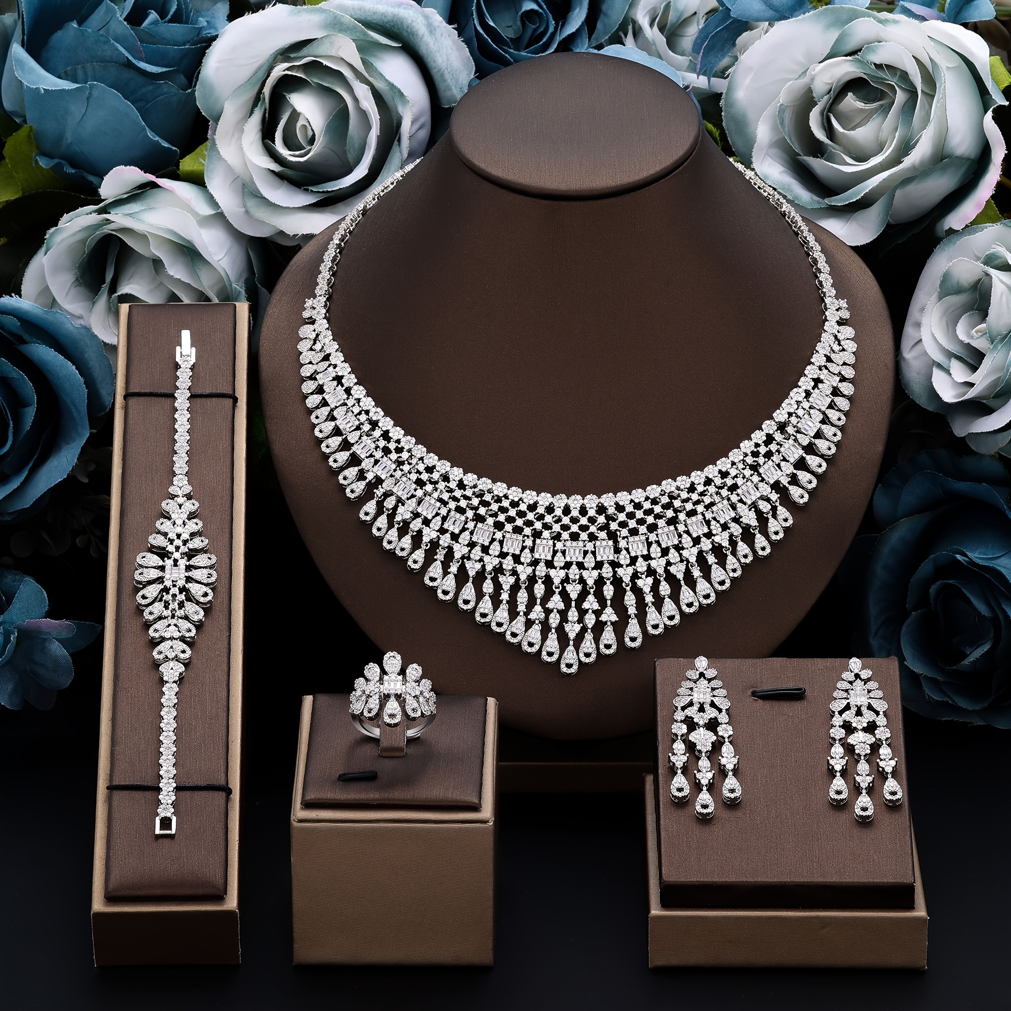 Luxurious 4pcs Cubic Zirconia Jewelry Set - White Golden Plated, Perfect for Weddings & Vacations
