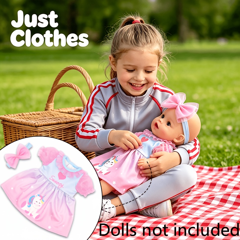 TEMU Robe de poupée avec bandeau à nœud (poupée non incluse). Le motif doux et adorable de licorne souriante stimule l'imagination débordante et