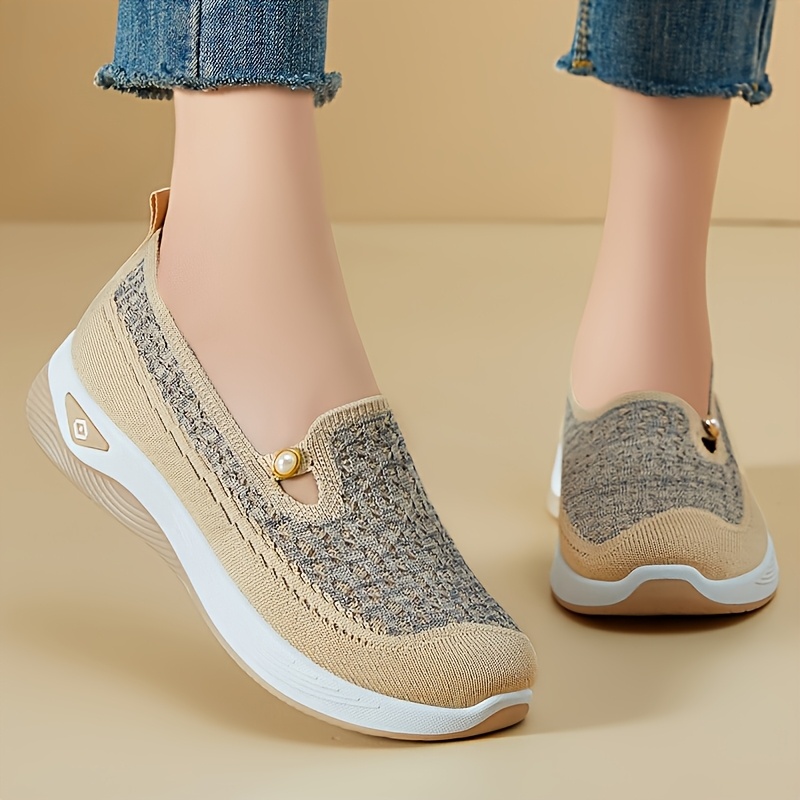breathable mesh slip on walking shoes for women lightweight soft sole casual sneakers spring   solid color fabric upper inner pvc sole Product details 2