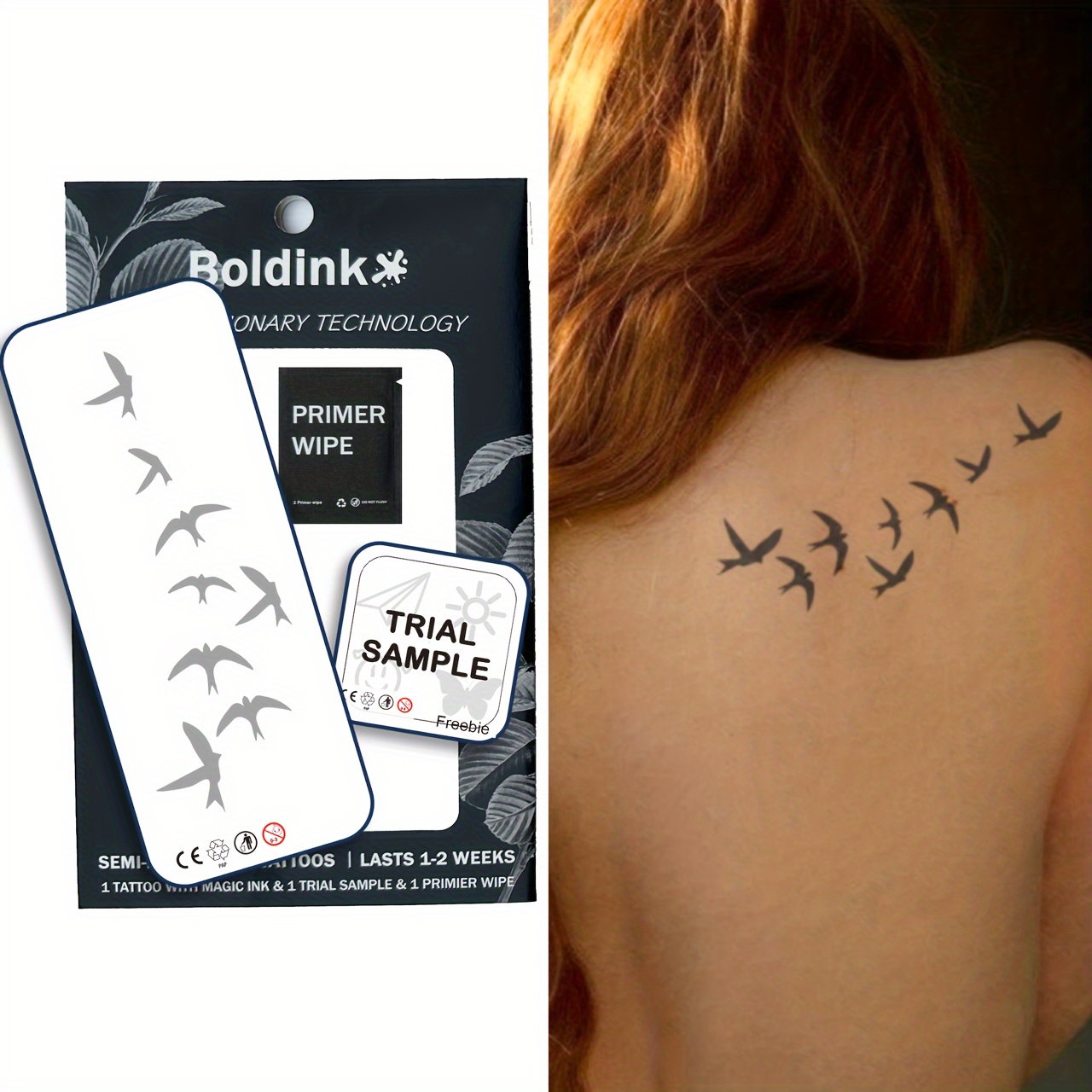 

Boldink Revolutionary Technology Tattoos, Semi-permanent Tattoos, Birds, Geese, Temporary Tattoos, Fake Tattoos, Water-resistant, Authentic Tattoo Look, Plant-based, Tattoo, C010