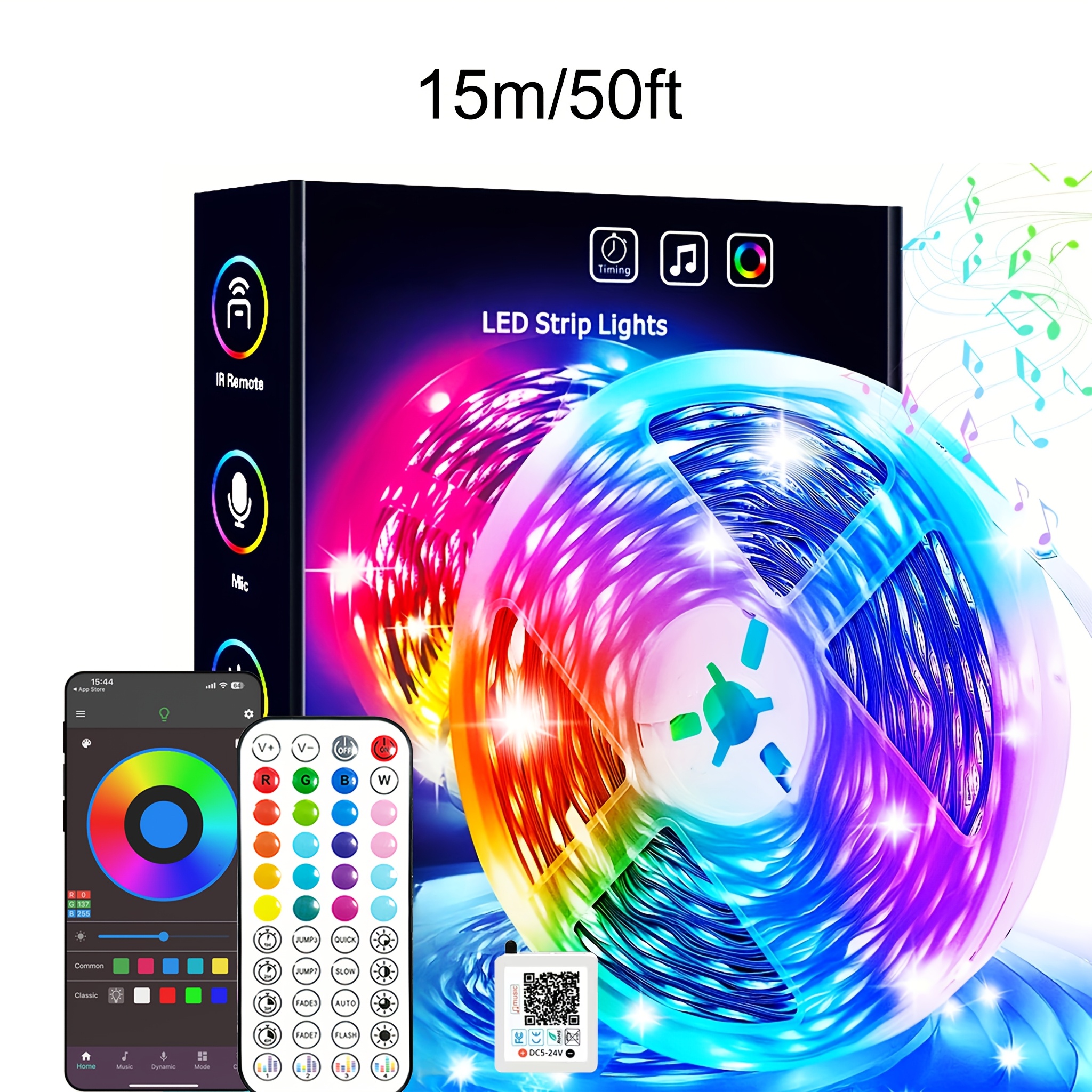 TEMU Smart Led Light Strip, Bedroom Led Light, 44-key Remote And App Control, Music Sync, Color Changing, Dimmable, Flashing, Timer, Lighting